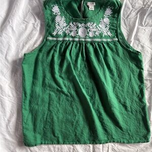 J. Crew Green Sleeveless Blouse with White Embroidery